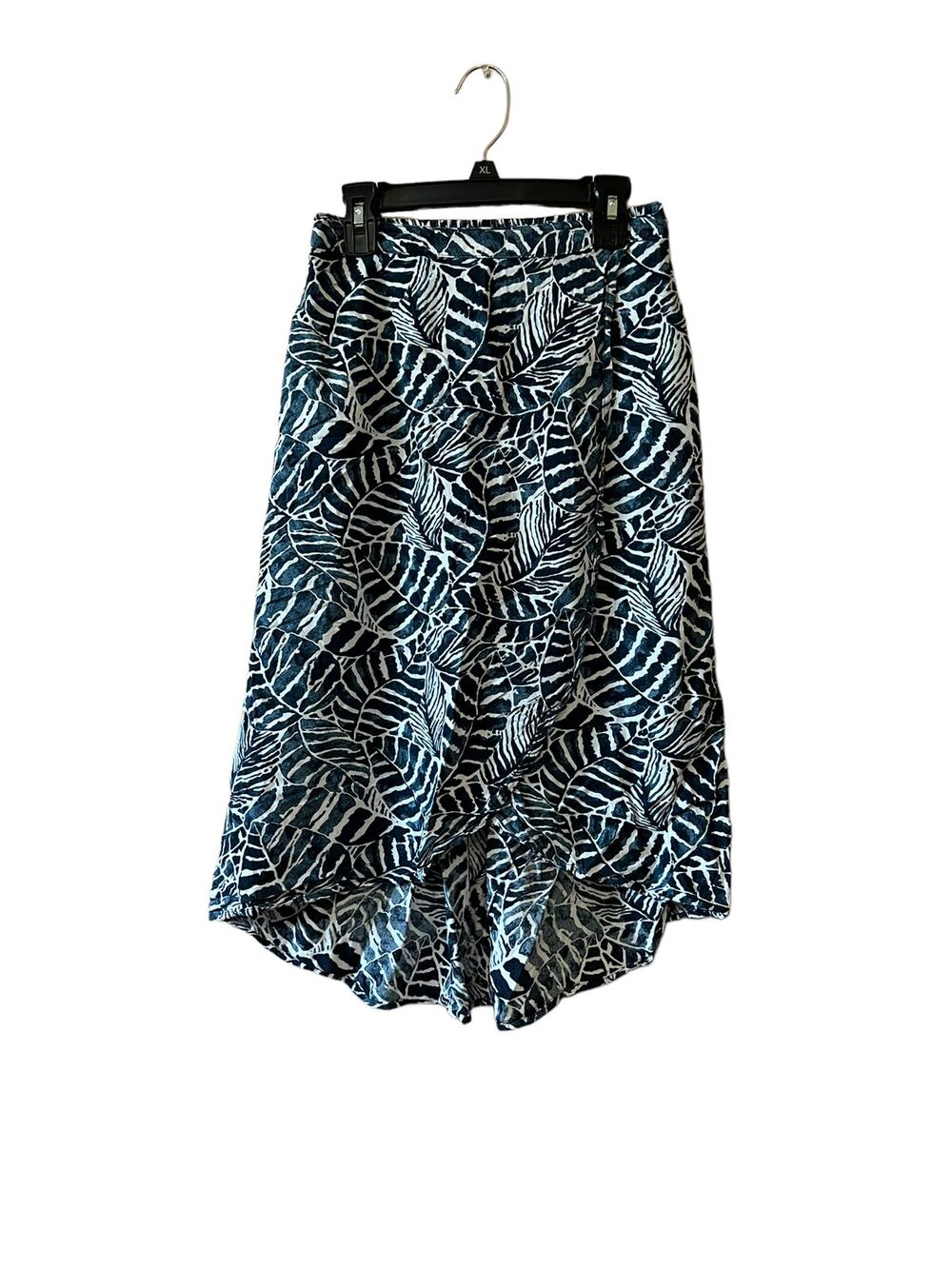 H&M women’s wrap front leaves prints skirt high low white navy blue sz xs